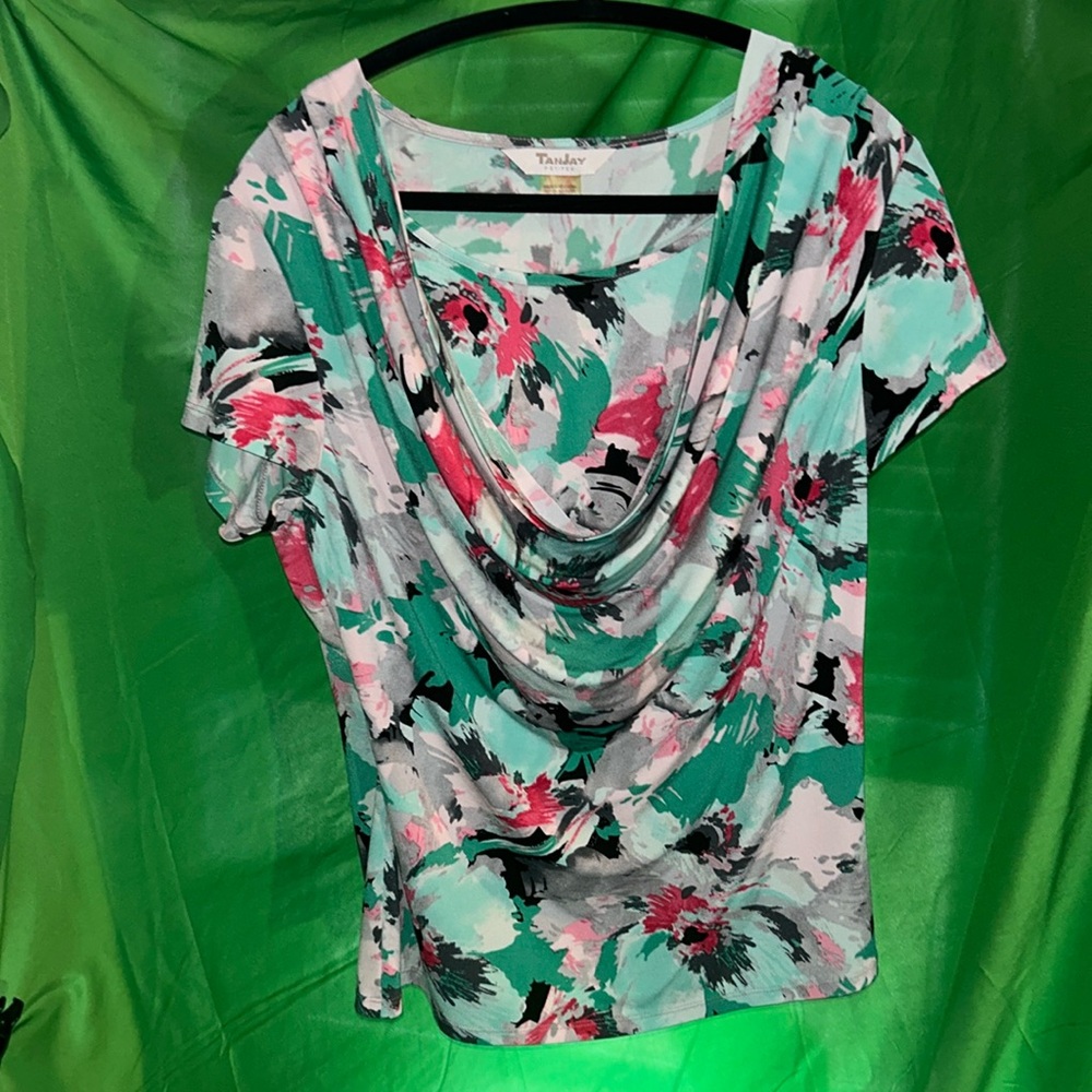 !TanJay Pink & Grn Paint Splatter, Dbl Lined, Swoop Neck, S Slv, Blouse P2P 16"